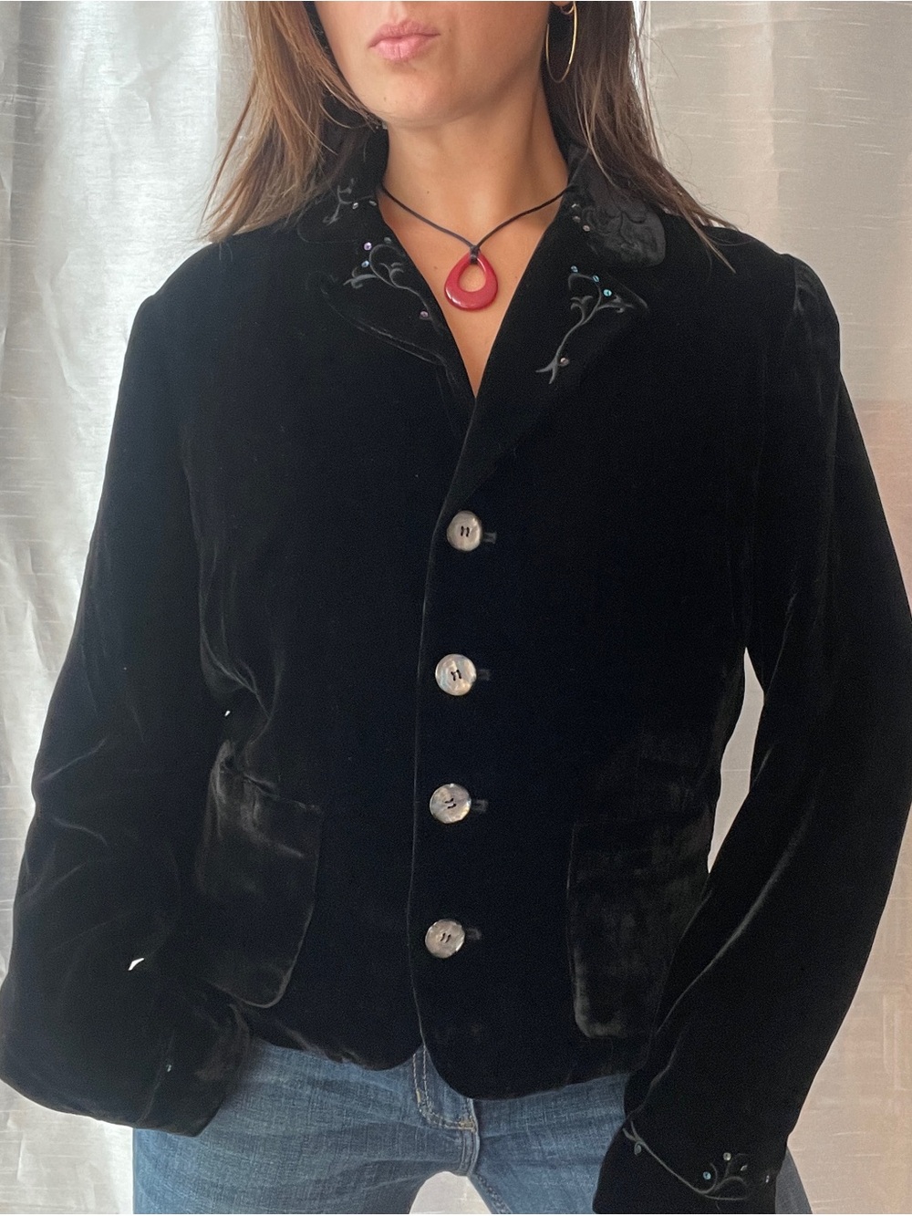 Coldwater Creek Black Velvet Embroidered Jacket Blazer Whimsigoth Witchy Y2K